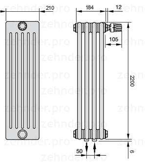 Схема (чертеж) Радиатор Zehnder Charleston 6220/4 №V008 Белый глянцевый RAL 9016